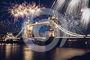 Tower bridge with firework, New Year in London, UK