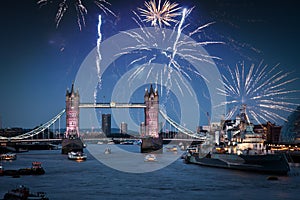 tower bridge with fireworks, celebration of the New Year in London, UK