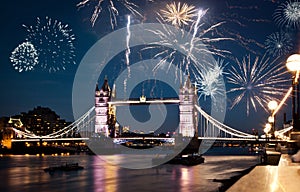 tower bridge with fireworks, celebration of the New Year in London, UK