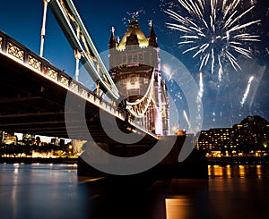 tower bridge with fireworks, celebration of the New Year in London, UK