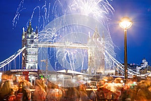 tower bridge with fireworks, celebration of the New Year in London, UK