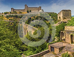 The Tower Bridge links the two hillside fortresses in Spoleto, Italy