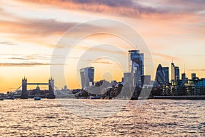 Tower Bridge and London cityscape at sunset