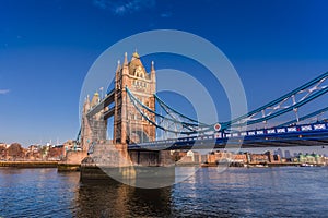 Tower bridge of London, clear blue sky.