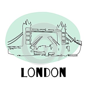 Tower Bridge, London, England, UK. Hand Drawn Illustration.