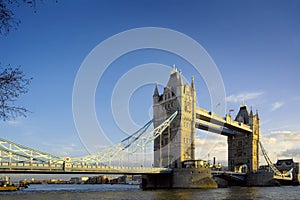 Tower Bridge in London, evening light and blue sky