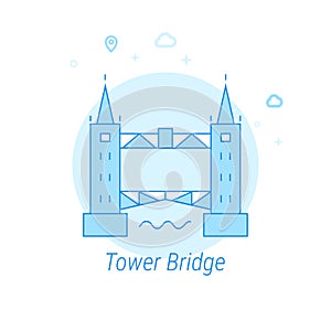 Tower Bridge, London Flat Vector Illustration, Icon. Light Blue Monochrome Design. Editable Stroke