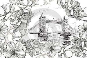 Tower Bridge in London with roses and hibiscuses, seamless pattern. Hand-drawn, vector illustration