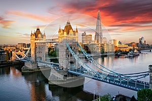 The Tower Bridge of London and the skyline along the Thames river, United Kingdom