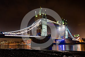 Tower Bridge London, Taken at Night from the South Bank of the Thames