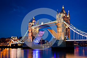 Tower Bridge in London, the UK at night