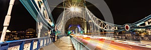 Tower Bridge in London, United Kingdom. Long exposure and night shot. Web banner in panoramic view