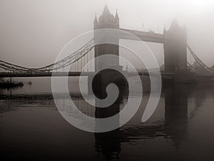 Tower Bridge in mist, London, UK
