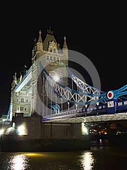 Tower Bridge at night: aside perspective, London