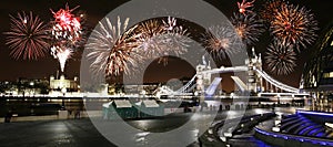 Tower Bridge at Night, New Year`s Eve Fireworks over Tower Brid