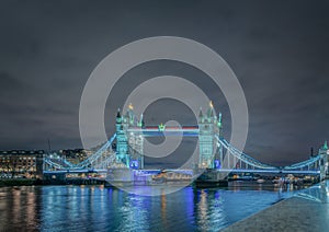 Tower Bridge at night in London, UK