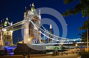 Tower bridge on the river Thames in night lights, London