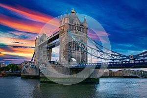 Tower Bridge at sunset in London, UK