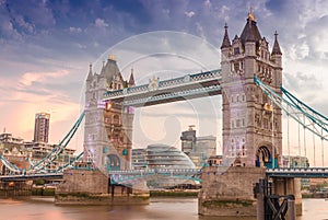 The Tower Bridge at sunset wity London riverside on background