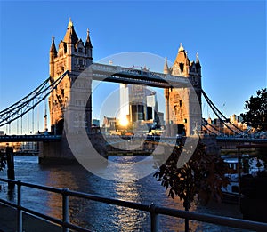 Tower Bridge, Thames and city view, London, England