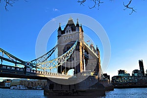Tower Bridge and Thames with clear blue sky, London, England
