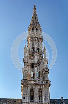 The tower of The Brussels Town Hall in Brabantine Gothic style photo