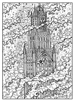 Tower or castle. Black and white mystic concept for Lenormand oracle tarot card