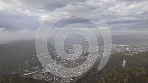 Tower castle Helfenstein and city Geislingen on cloudy sunny morning time lapse