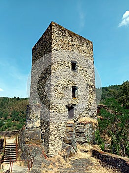 Tower of castle ruin in Esch-sur-Sure in the Ardennes of Luxembourg