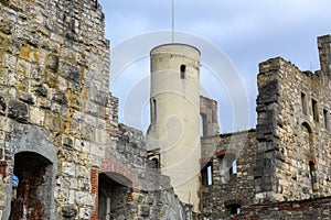 Tower in the castle ruin Hellenstein on the hill of Heidenheim an der Brenz in southern Germany against a blue sky with clouds,