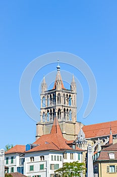 The tower of the Cathedral of Notre Dame in Lausanne, Switzerland. Located in canton Vaud. It belongs to the Evangelical Reformed