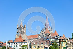 The tower of the Cathedral of Notre Dame in Lausanne, Switzerland. Located in canton Vaud. It belongs to the Evangelical Reformed