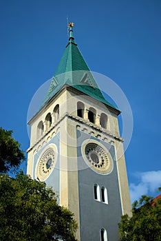 Tower of a catholic church in the city of Bratislava in Slovakia 11.9.2020