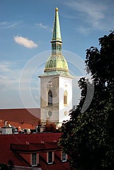 Tower of a catholic church in the city of Bratislava in Slovakia 11.9.2020