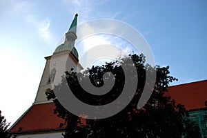 Tower of a catholic church in the city of Bratislava in Slovakia 11.9.2020