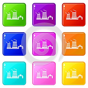 Tower of chemical factory icons set 9 color collection