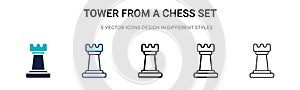 Tower from a chess set icon in filled, thin line, outline and stroke style. Vector illustration of two colored and black tower