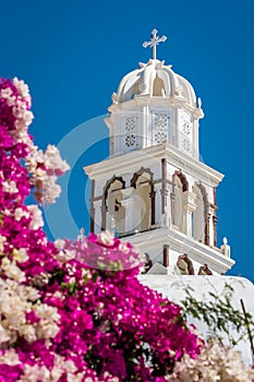 Tower of a church in Emporio village, Santorini