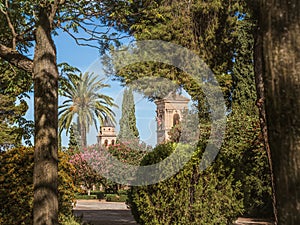 Tower of the church Iglesia de Santa Maria de la Encarnacion in the Alhambra, Granada, from the gardens of Generalife