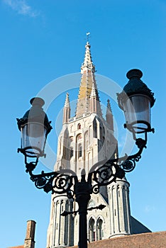 Tower of the church of Our Lady in the historical centre town of Bruges, Belgium