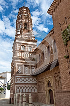 Tower of the church of Santa MarÃÂ­a de Utebo, Mudejar style, in Zaragoza, Poble Espanyol, Spanish Village in Barcelona, Catalonia