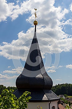 Tower of church St. Erhard in village Wichsenstein in Franconian Switzerland, Bavaria, Germany