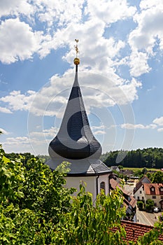 Tower of church St. Erhard in village Wichsenstein in Franconian Switzerland, Bavaria, Germany