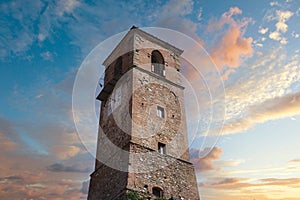 tower with clock in the medieval town of Anghiari in Tuscany