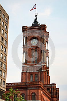 Tower and clock of Rotes Rathaus in Berlin.