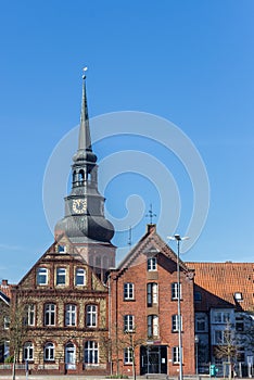 Tower of the Cosmas and Damian church over houses in Stade