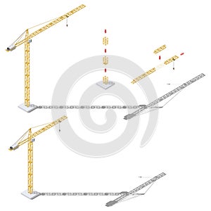 Tower crane with adjustable boom length and tower height isometric icon set
