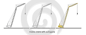 Tower Crane Components, modern mobile crane with outriggers.  Crane graphic. Crane clipart on white background