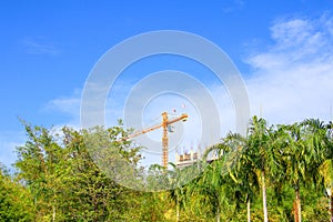 Tower crane in Construction buildings the city on sky background with copy space add text