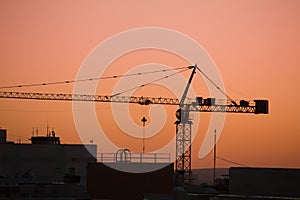 Tower crane on a construction site at sunrise